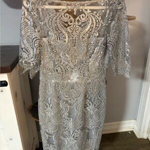 Tahari Silver Lace Long Sleeve Dress